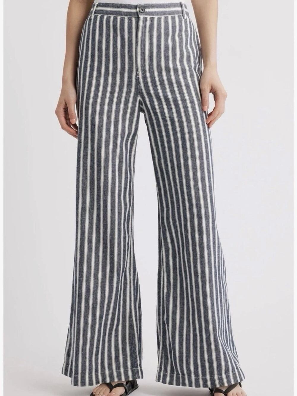 Madewell Zoe Relaxed Wide Pants Linen Blend Navy White Stripe Sz 4 High Rise